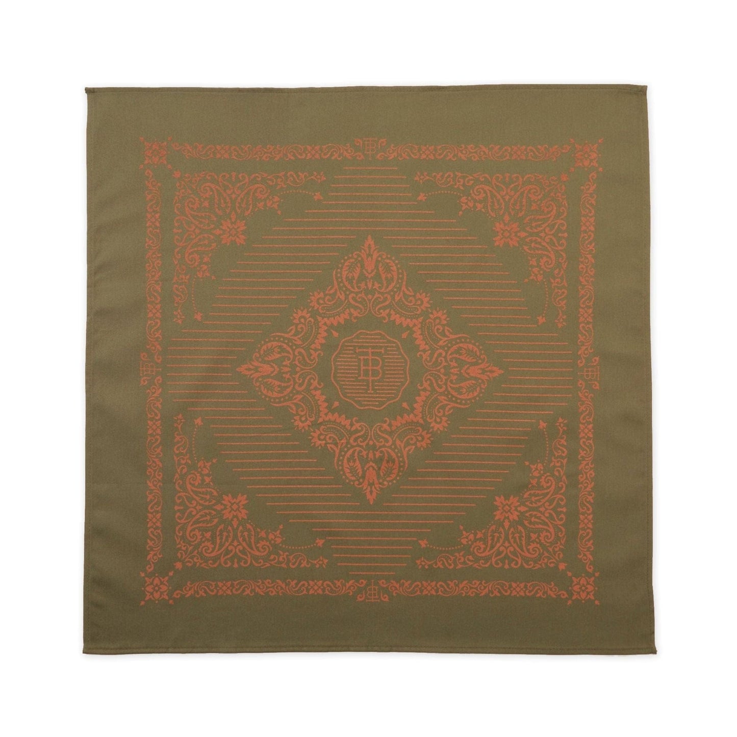 Cotton bandana is 22 inches square and screen printed with a classic Western American motif in clay.