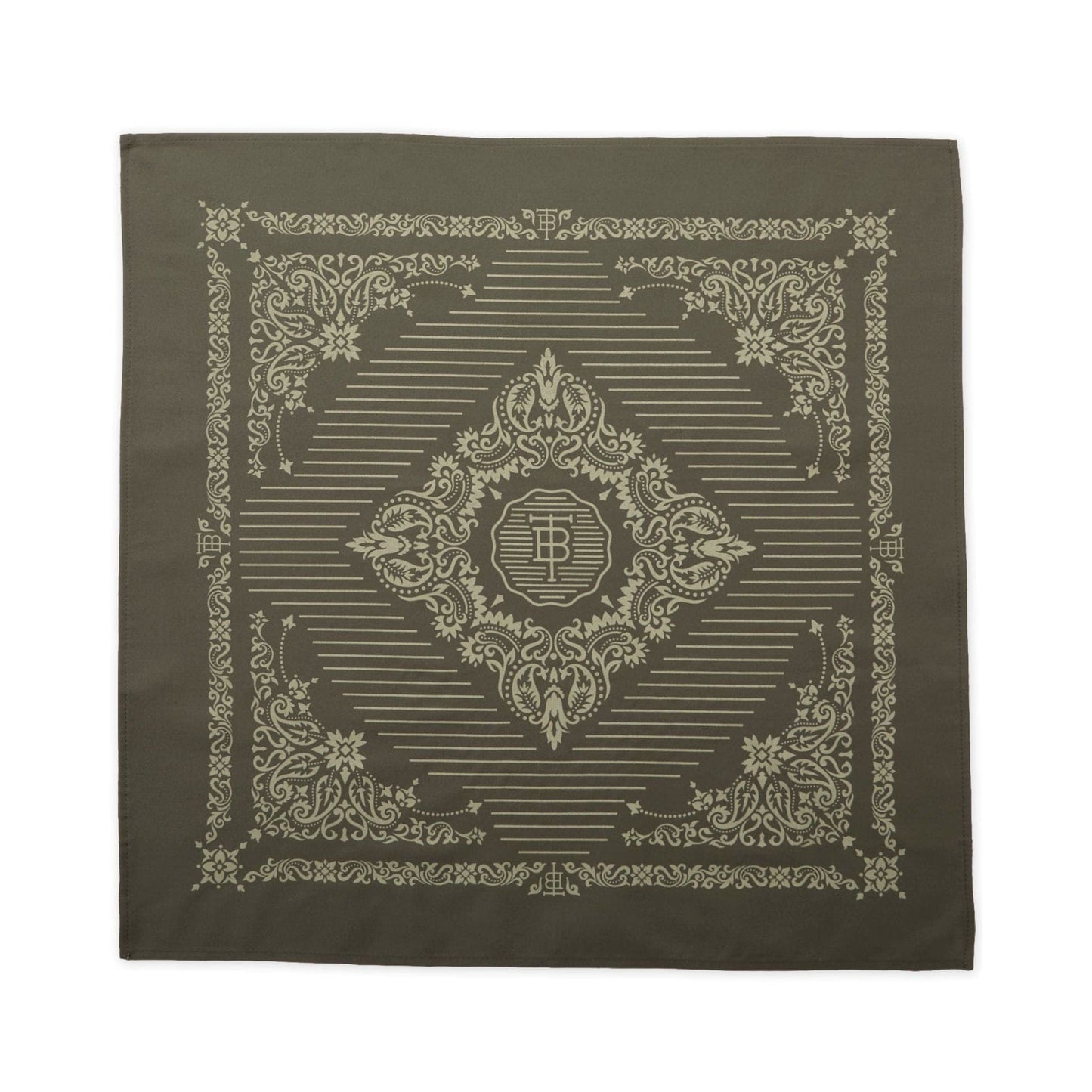 Cotton bandana is 22 inch square and screen printed with a classic Western American motif in green.