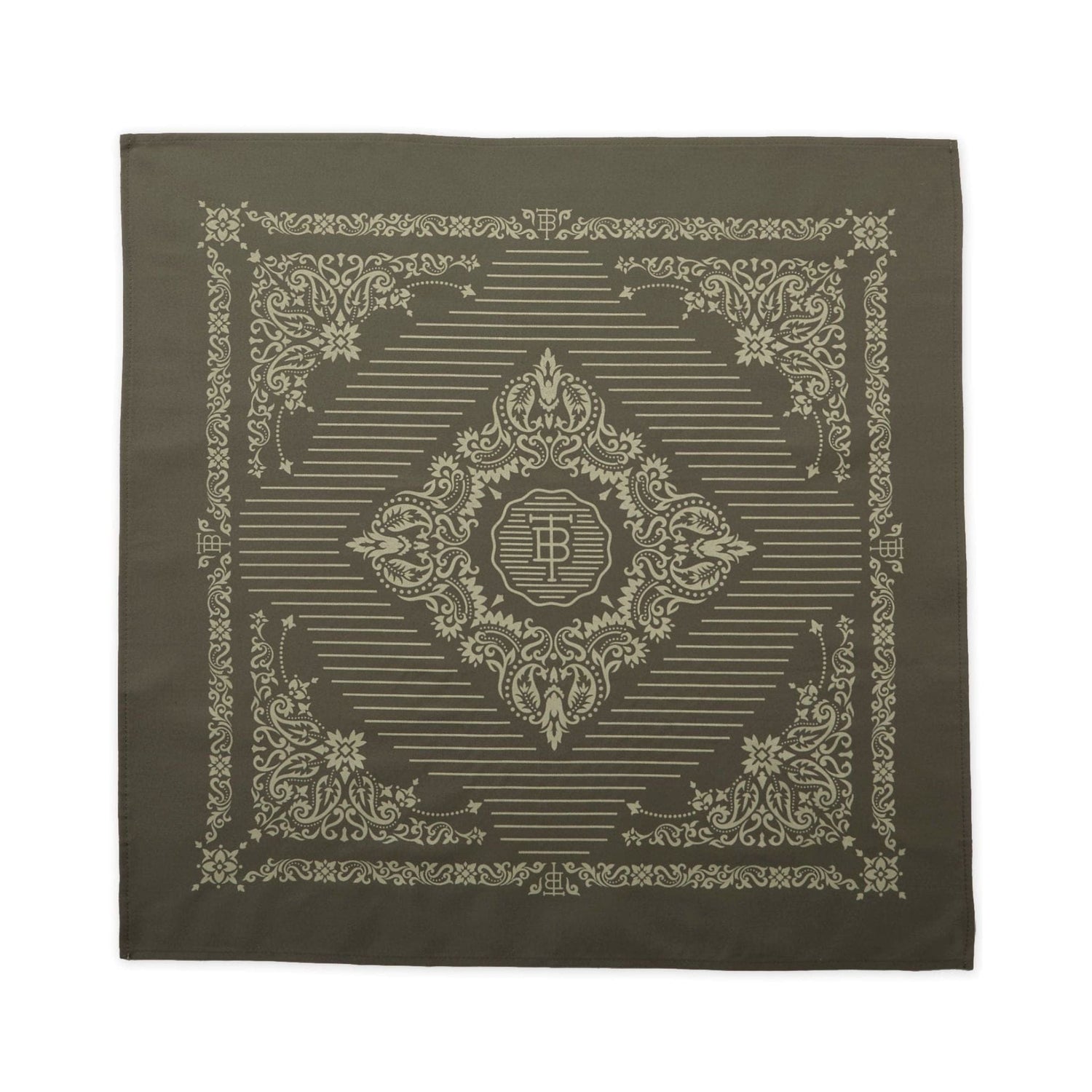 Cotton bandana is 22 inch square and screen printed with a classic Western American motif in green.