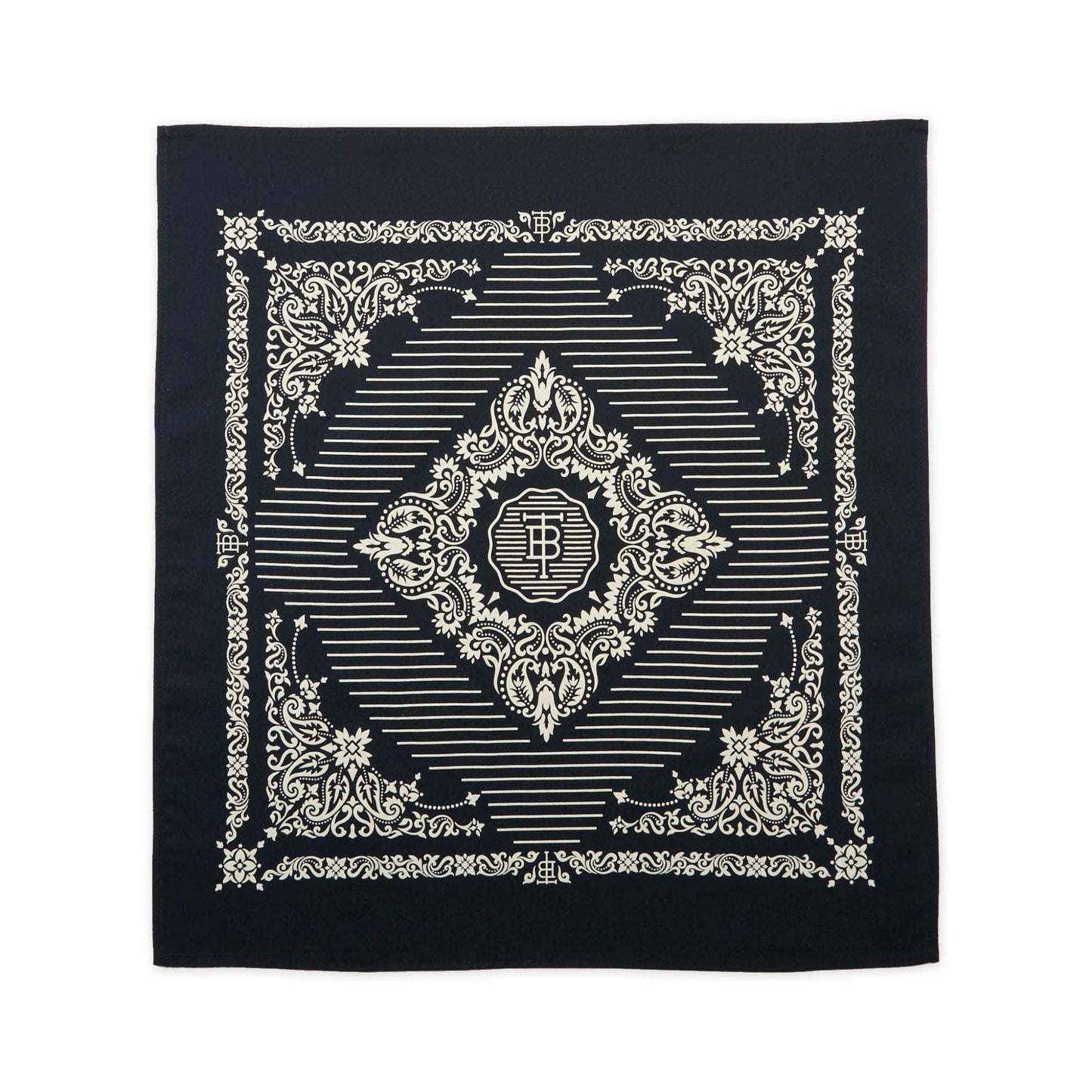 Cotton bandana is 22 inches square and screen printed with a classic Western American motif in navy.