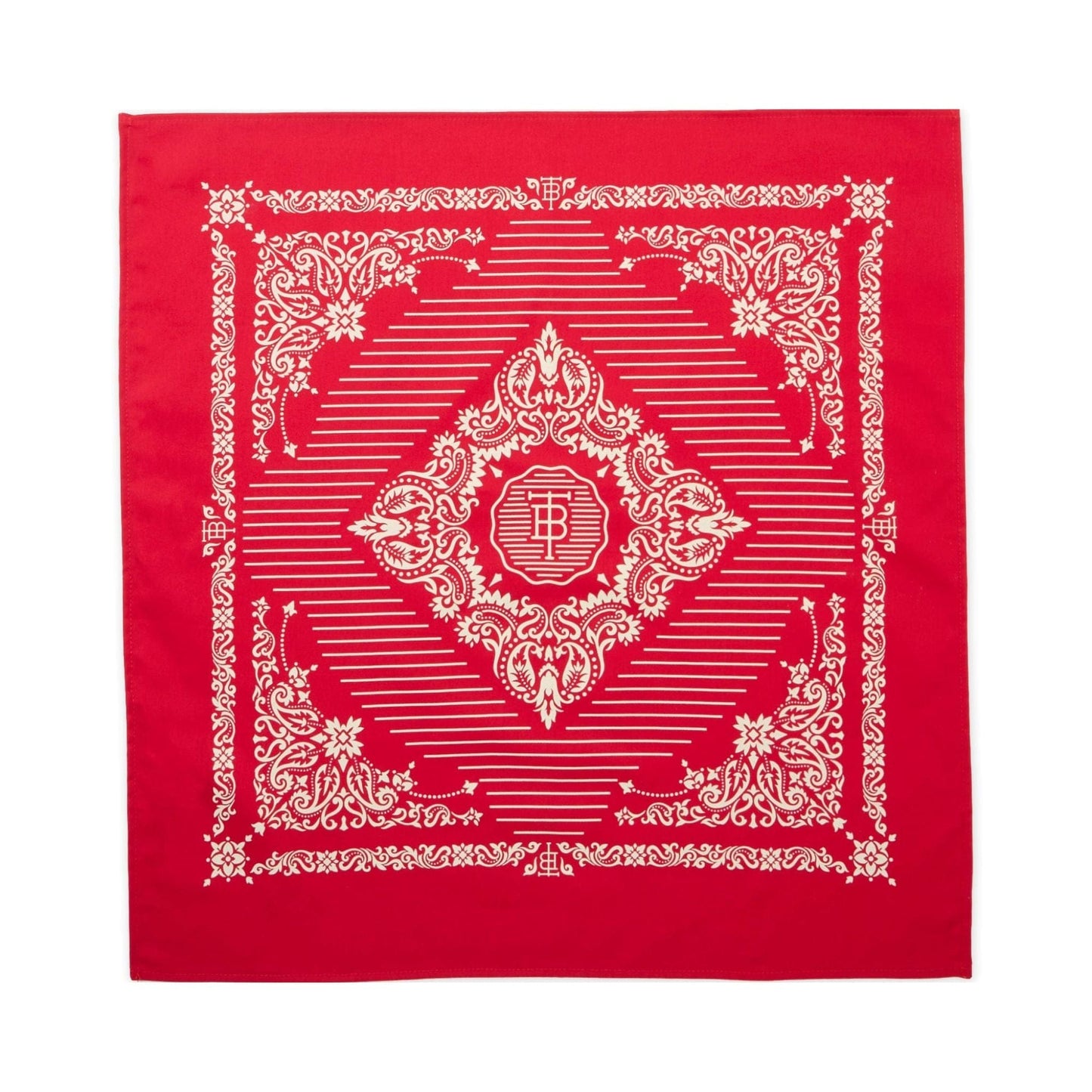 Cotton bandana is 22 inches square and screen printed with a classic Western American motif in red.