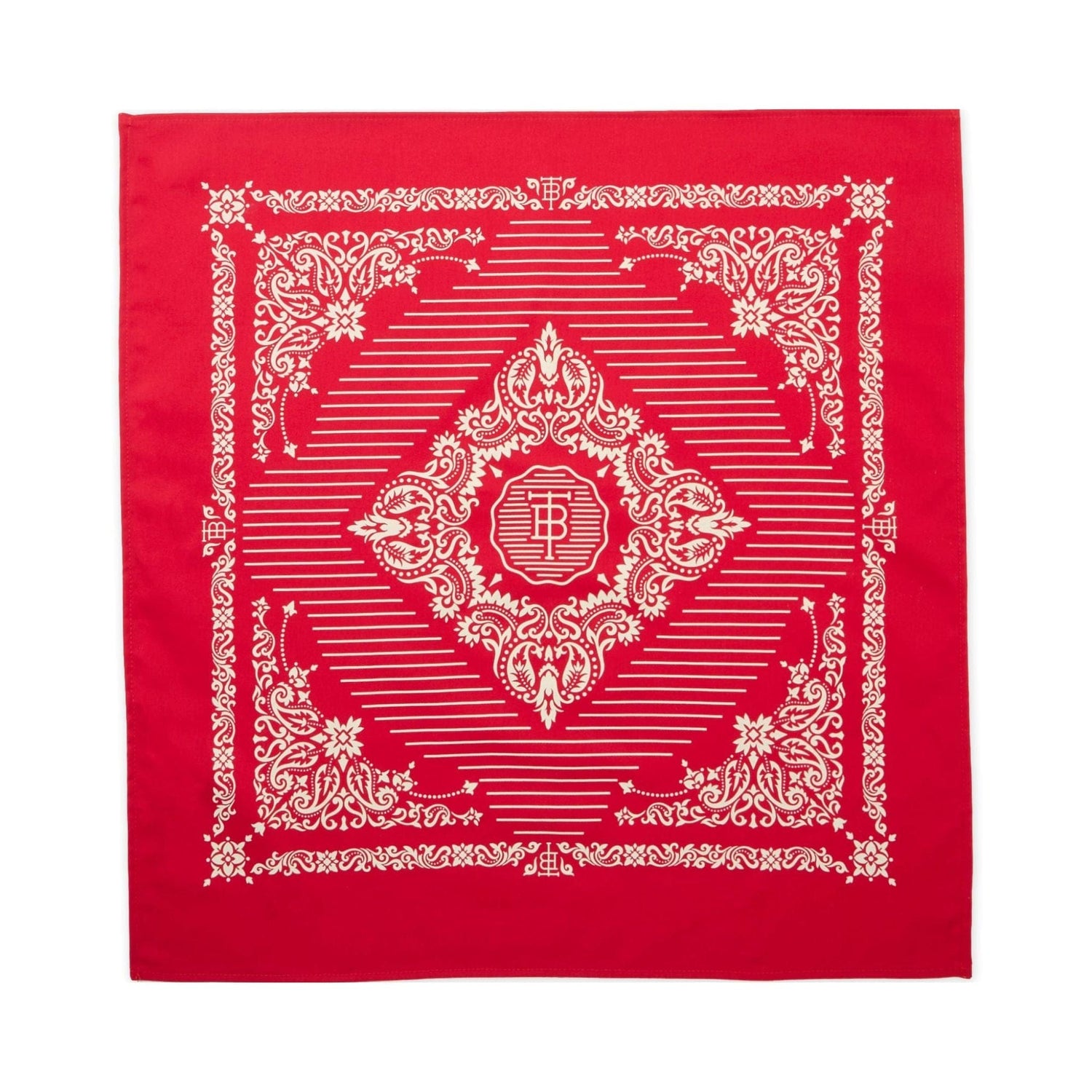 Cotton bandana is 22 inches square and screen printed with a classic Western American motif in red.