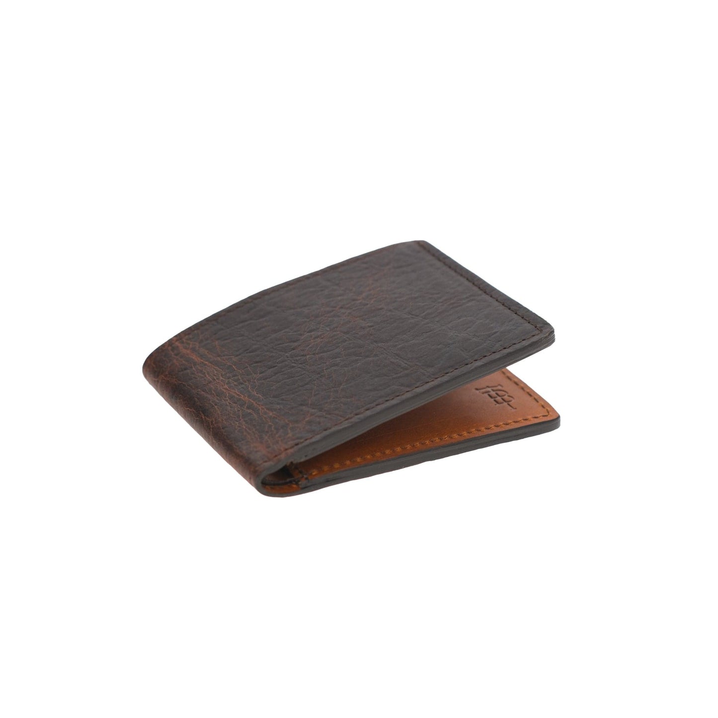 Tom Beckbe bison bifold wallet is made of full-grain American bison leather on the exterior.