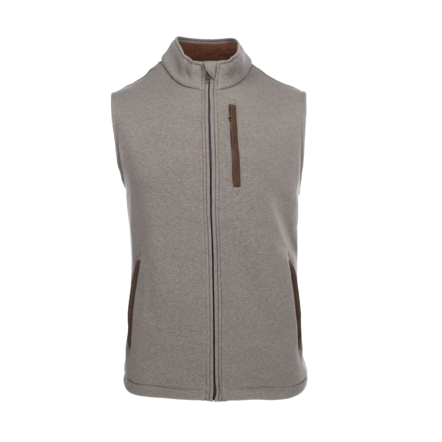 Tom Beckbes Warren Fleece Vest: Moisture-wicking gray vest with front zipper, high collar, and two brown-accent side pockets.