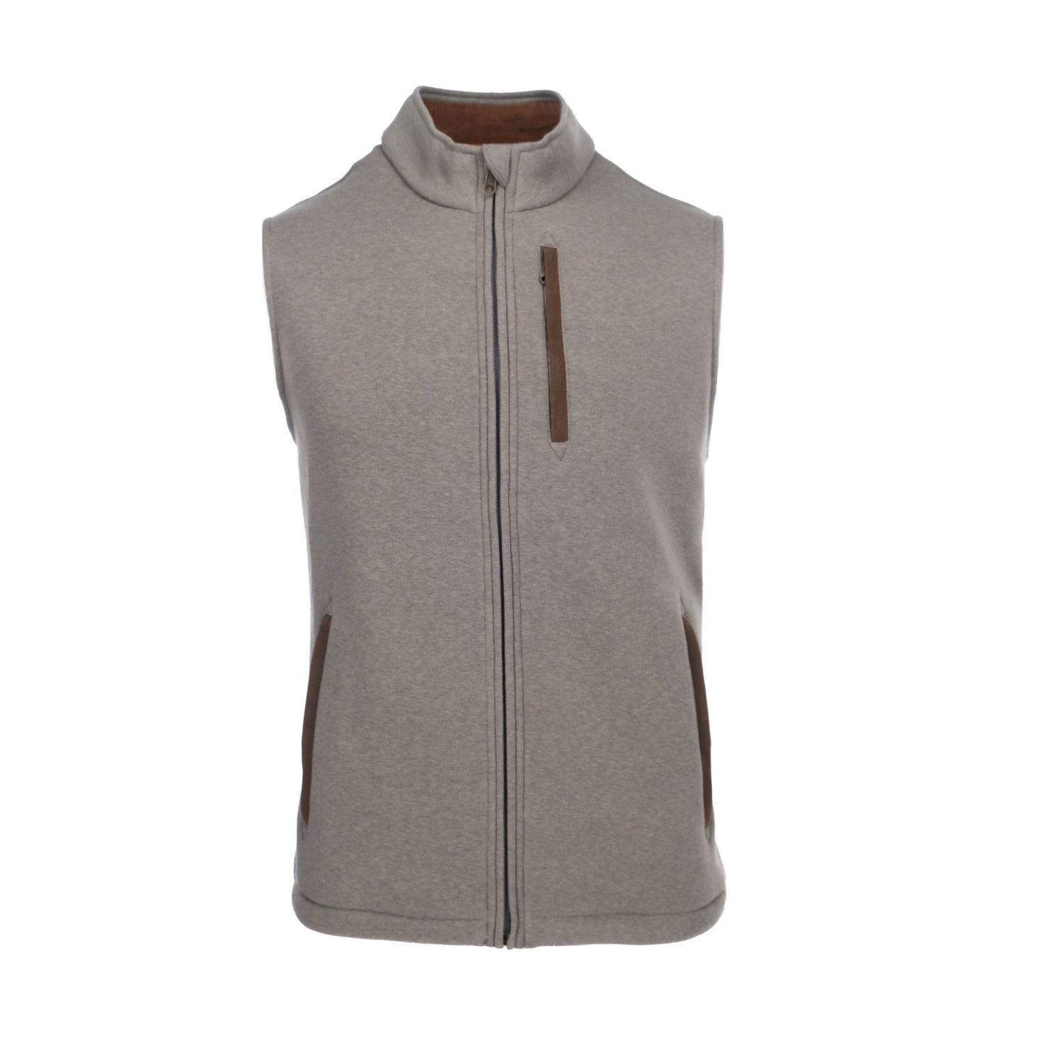 Tom Beckbes Warren Fleece Vest: Moisture-wicking gray vest with front zipper, high collar, and two brown-accent side pockets.