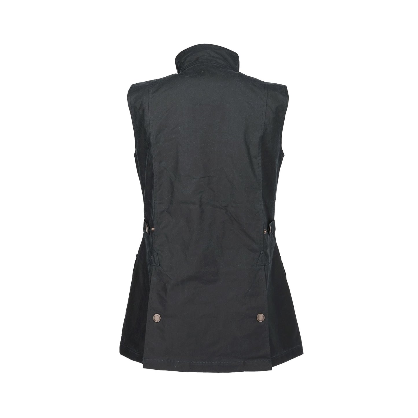 Back view of the Tom Beckbe Womens Fairmont Vest in black waxed cotton, featuring a high collar and hem button details.