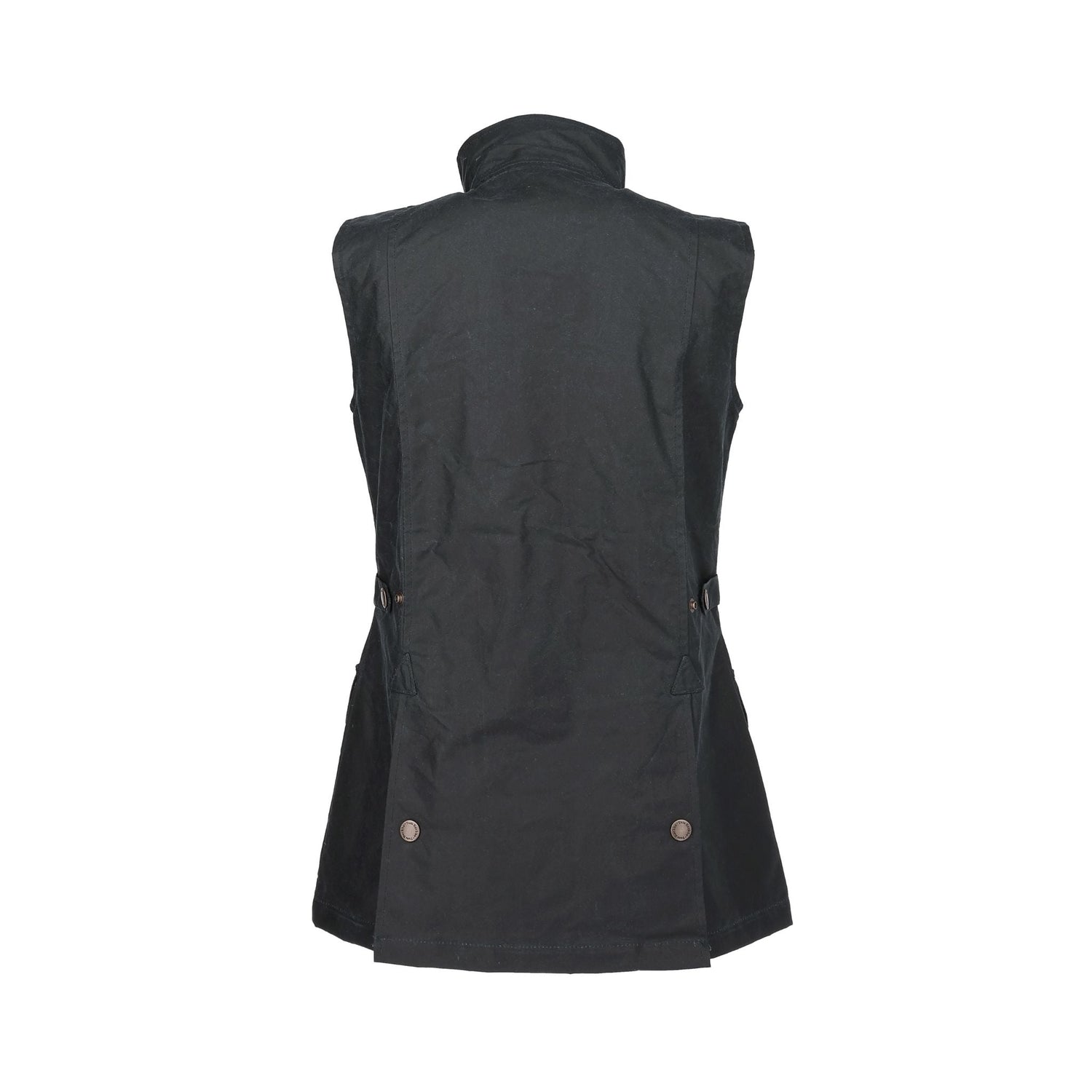 Back view of the Tom Beckbe Womens Fairmont Vest in black waxed cotton, featuring a high collar and hem button details.