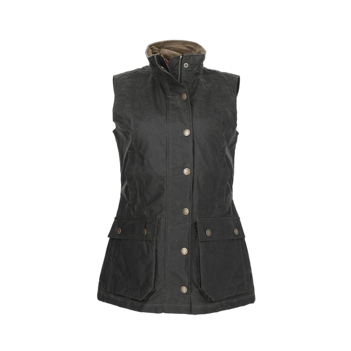 Tom Beckbes Womens Fairmont Vest: dark green, sleeveless canvas with high collar, front buttons, and two large pockets.
