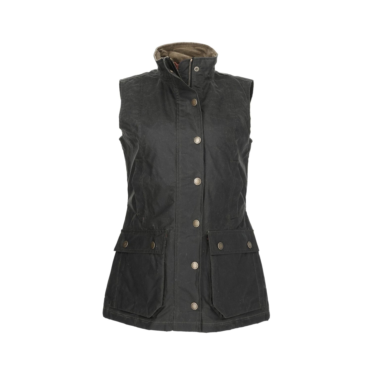 Tom Beckbes Womens Fairmont Vest: dark green, sleeveless canvas with high collar, front buttons, and two large pockets.