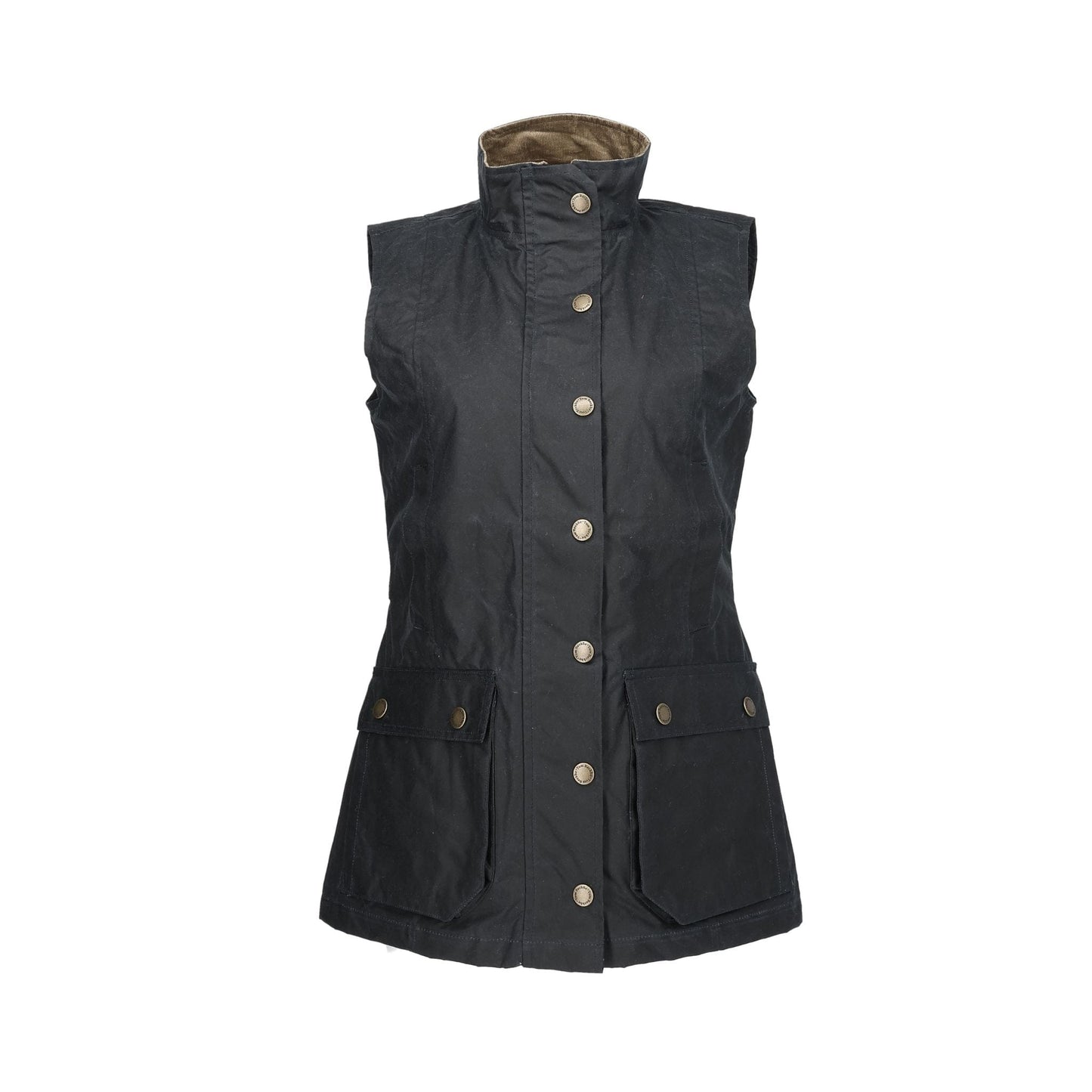 The Womens Fairmont Vest by Tom Beckbe is a black, waxed cotton, sleeveless design with a high collar and two front pockets.