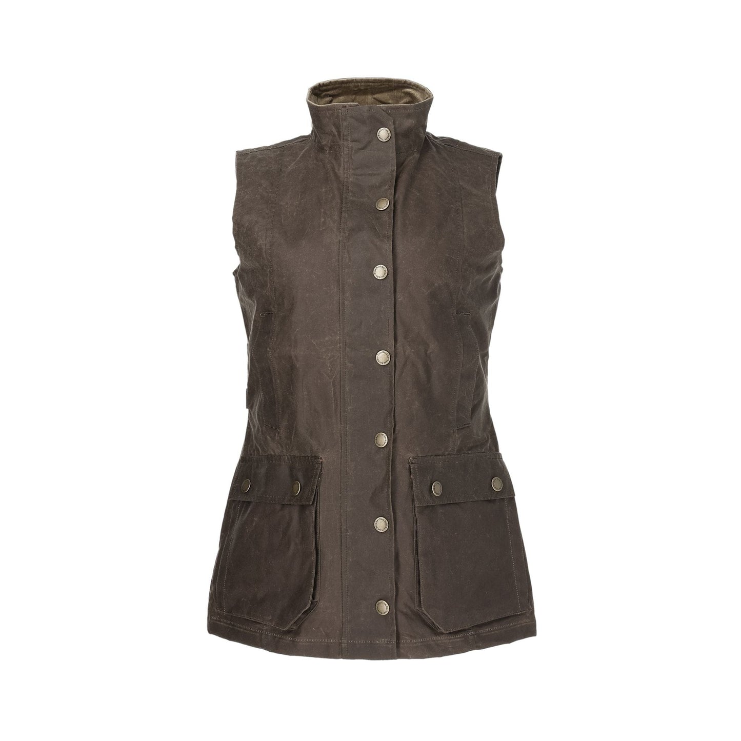 Tom Beckbes Womens Fairmont Vest: Brown, sleeveless, weatherproof canvas; high collar & 2 front flap pockets.