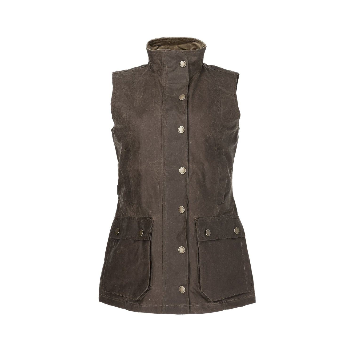 Tom Beckbes Womens Fairmont Vest: Brown, sleeveless, weatherproof canvas; high collar & 2 front flap pockets.