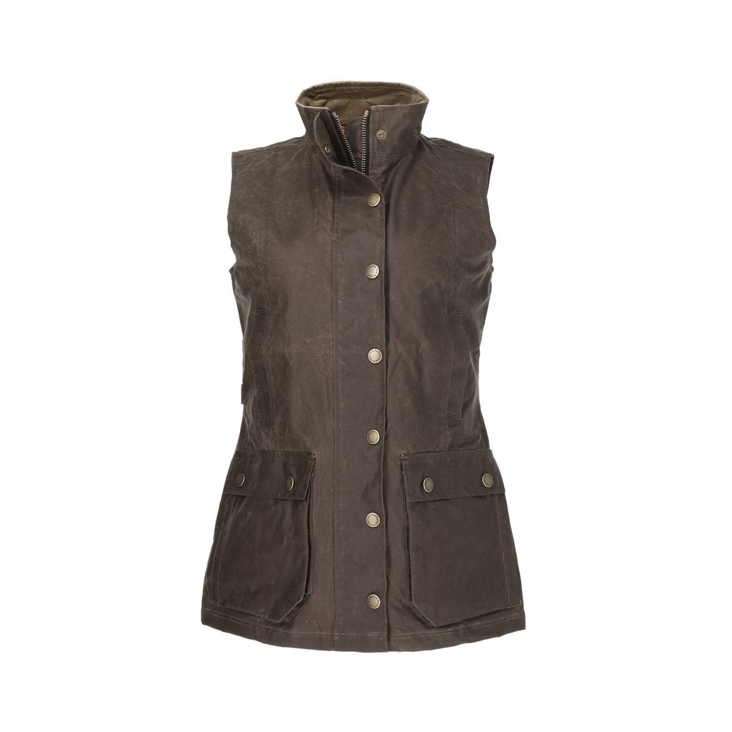 The Womens Fairmont Vest by Tom Beckbe is brown, sleeveless, with a high collar, button front, and flap pockets on weatherproof canvas.